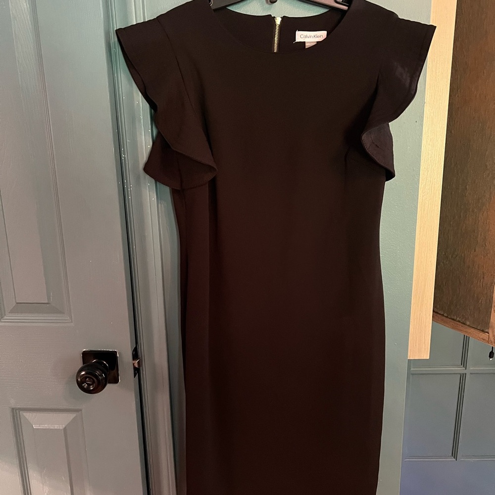 Calvin Klein Black Sheath Dress with Flutter Cap Sleeves
